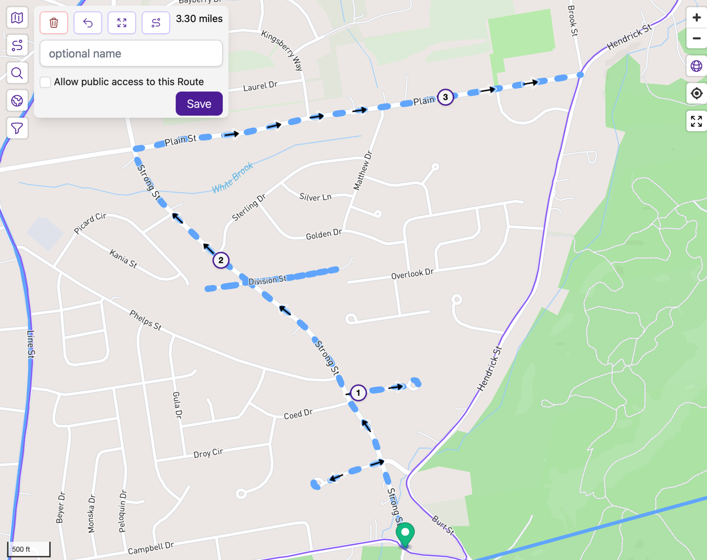 CityStrides website with a route generated by Stadia Maps