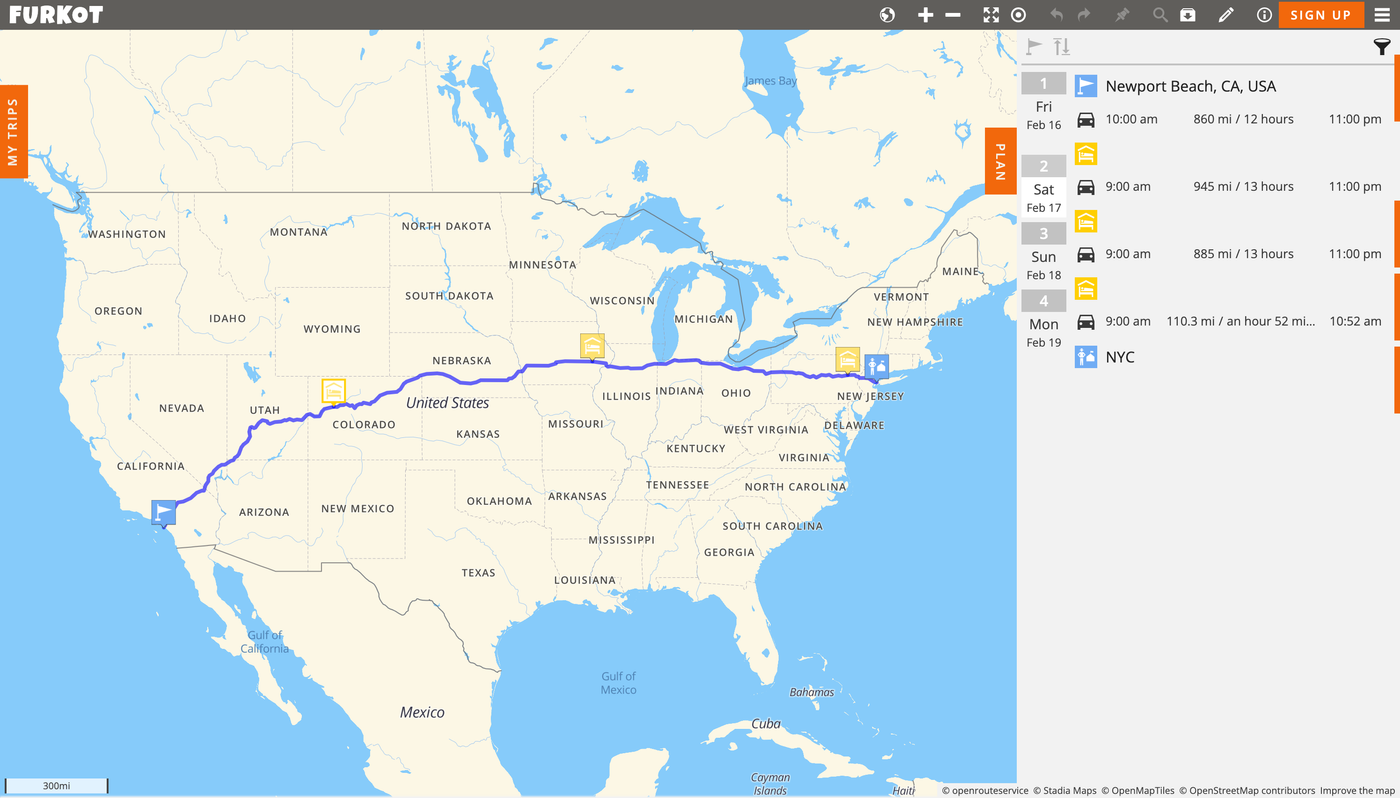 Furkot website visualizing a travel route over a customized map style powered by Stadia Maps