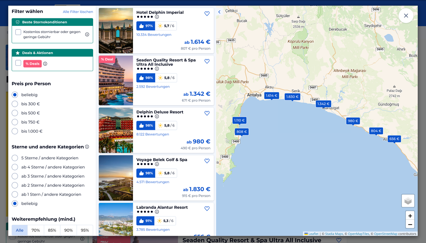 HolidayCheck website displaying hotel options on top of our Outdoors map style powered by Stadia Maps