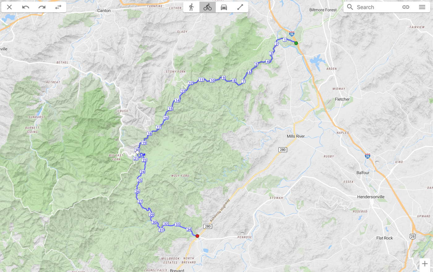 On the Go Map website displaying a route over a custom map style powered by Stadia Maps