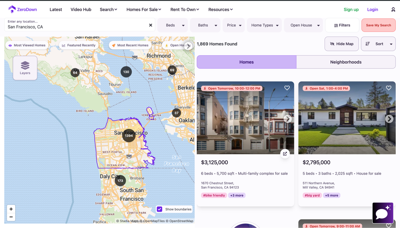 ZeroDown website visualizing neighborhoods using our Outdoors map style